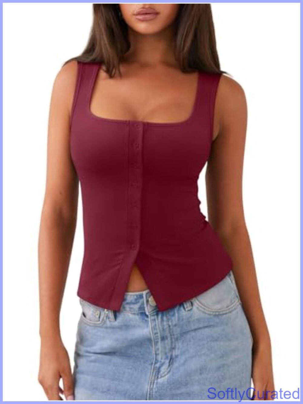 Ribbed Square Neck Button Down Crop Tank Top Sleeveless Y2K